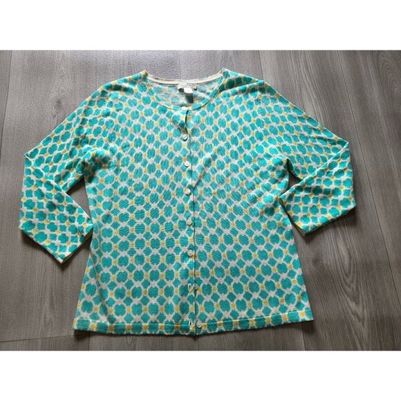 Garnet Hill Womens Button-Up Cardigan Sweater M 100% Merino Wool Aqua & Yellow - Picture 3 of 7